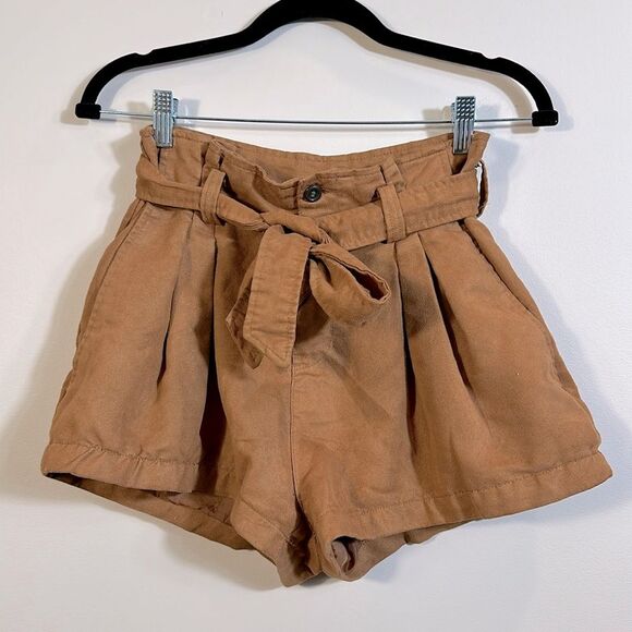 Divided Brown Waist Bow Pleated Textured Lined Shorts Women Size 6 - Picture 1 of 10